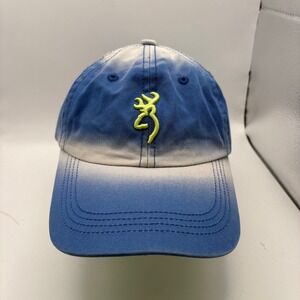 Browning Blue White Ombre Cotton Hat Lime Green Buckmark Logo‎ Leather Strap Cap